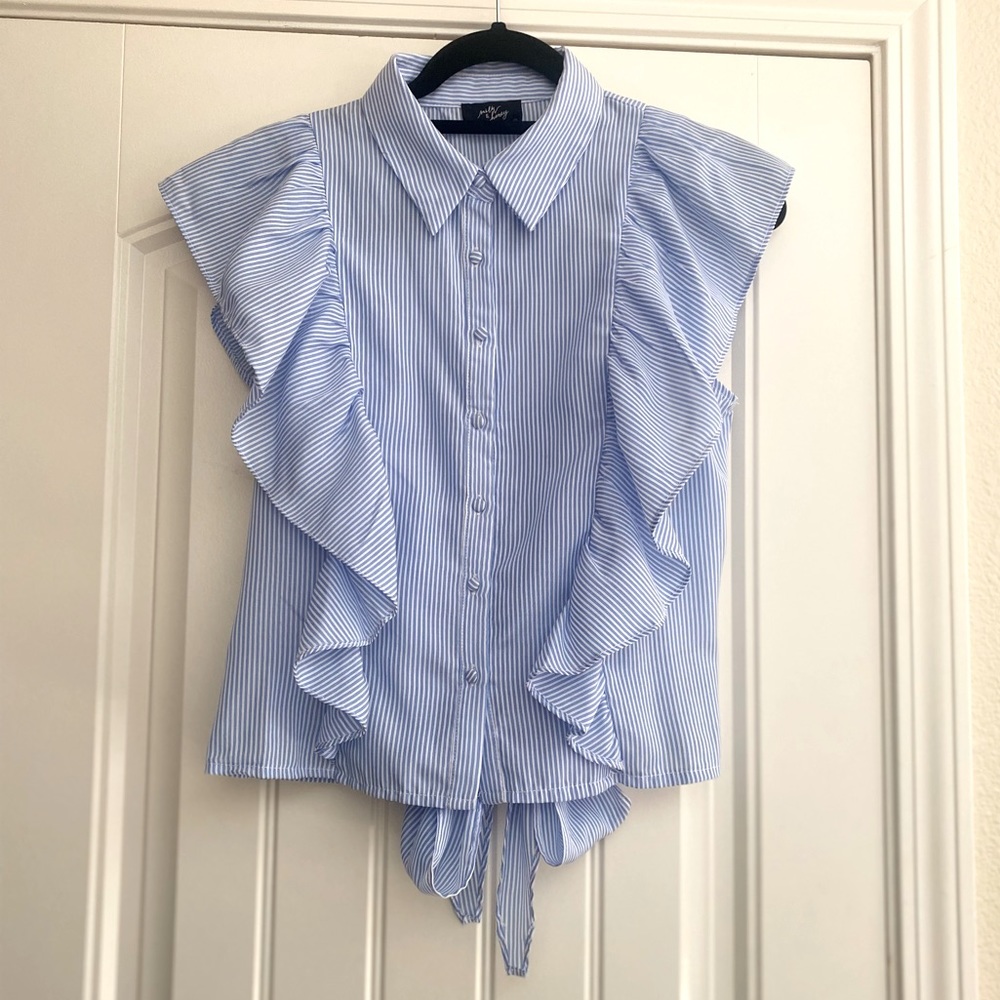 Milk & Honey blue striped tie back blouse Sz Medium